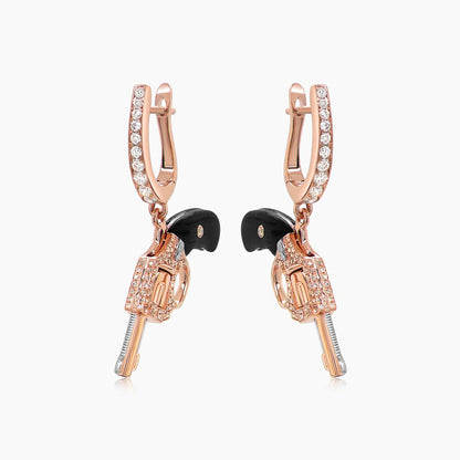 Black Wood, White & Fancy Diamond 18K Rose Gold Gun Earrings