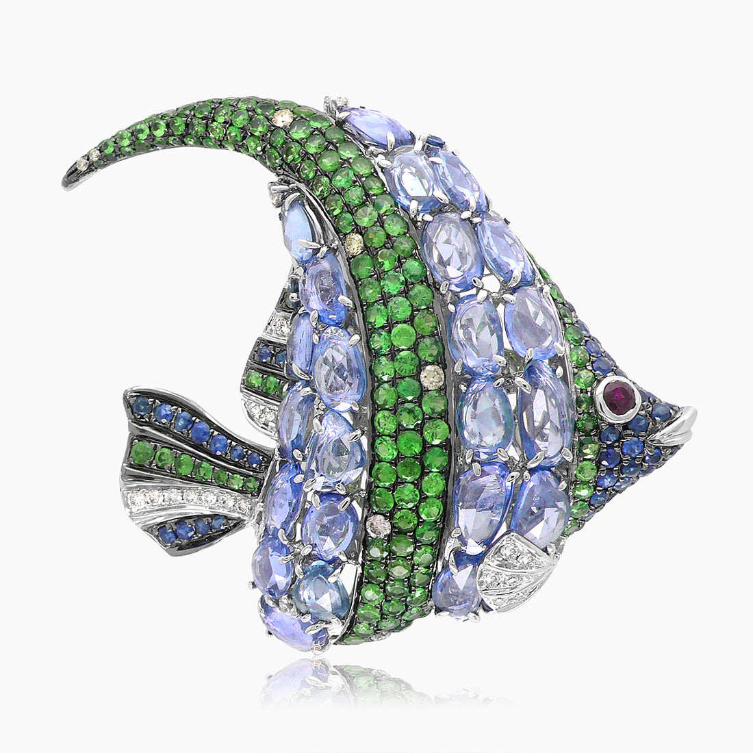 Sea Fish Blue Sapphire & Diamond & Green Garnet & Ruby 18K White Gold Pin Brooch