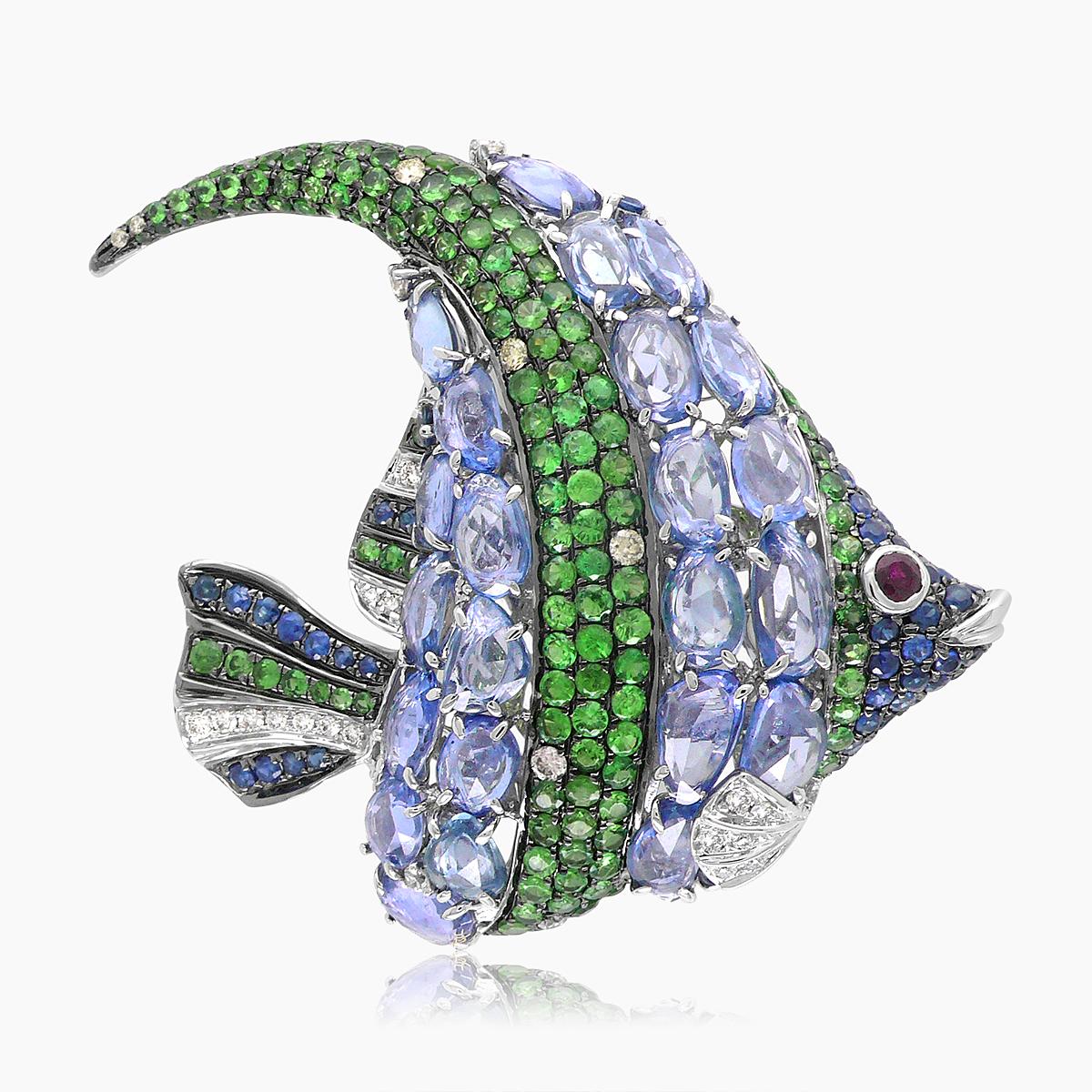 sea fish blue sapphire & diamond & green garnet & ruby 18k white gold pin brooch