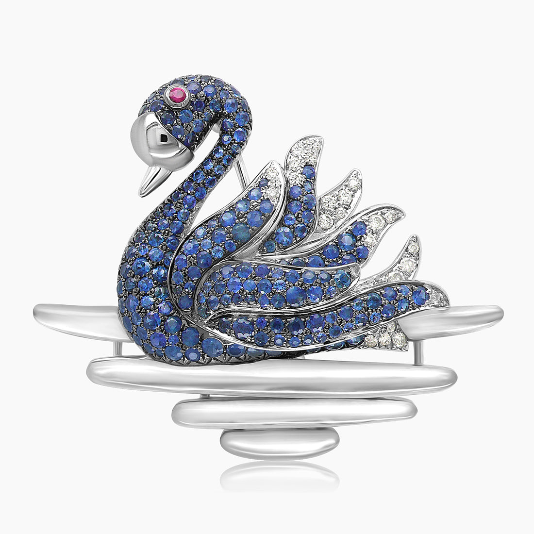 Swan Blue Sapphire & Diamond Ruby & Pearl 18K White Gold Bird Animal Brooch