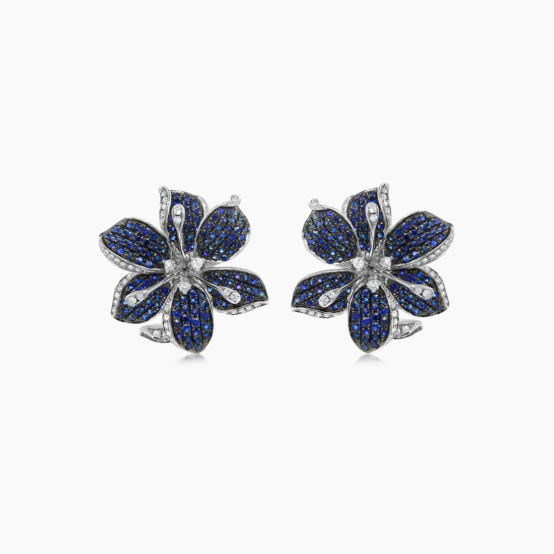 Blue Sapphire & White Diamond & Green Garnet Lilly Flower White Gold Earrings