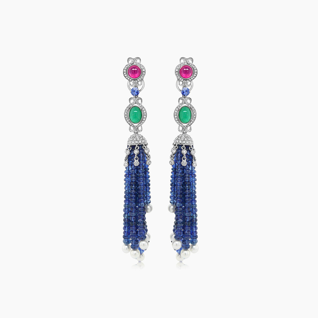 Blue Sapphire, Emerald, Ruby & Pearl 18K White Gold Tassel Bead Drop Earrings