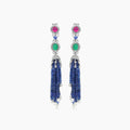 Blue Sapphire, Emerald, Ruby & Pearl 18K White Gold Tassel Bead Drop Earrings