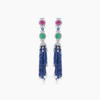Blue Sapphire, Emerald, Ruby & Pearl 18K White Gold Tassel Bead Drop Earrings