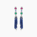 Blue Sapphire, Emerald, Ruby & Pearl 18K White Gold Tassel Bead Drop Earrings