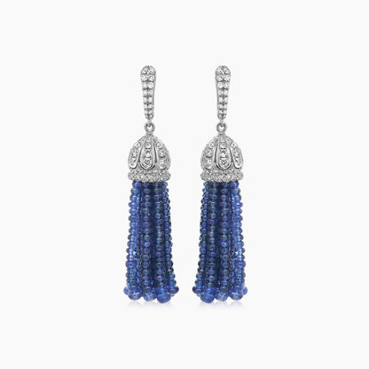 Blue Sapphire & Diamond 18K White Gold Tassel Bead Drop Earrings