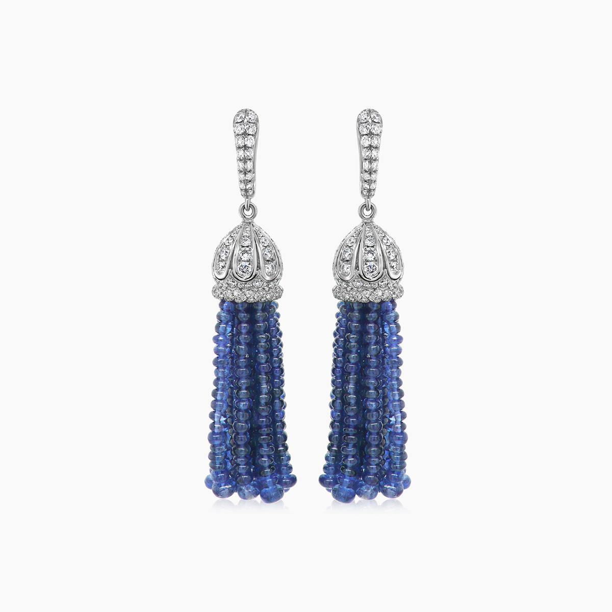 Blue Sapphire & Diamond 18K White Gold Tassel Bead Drop Earrings