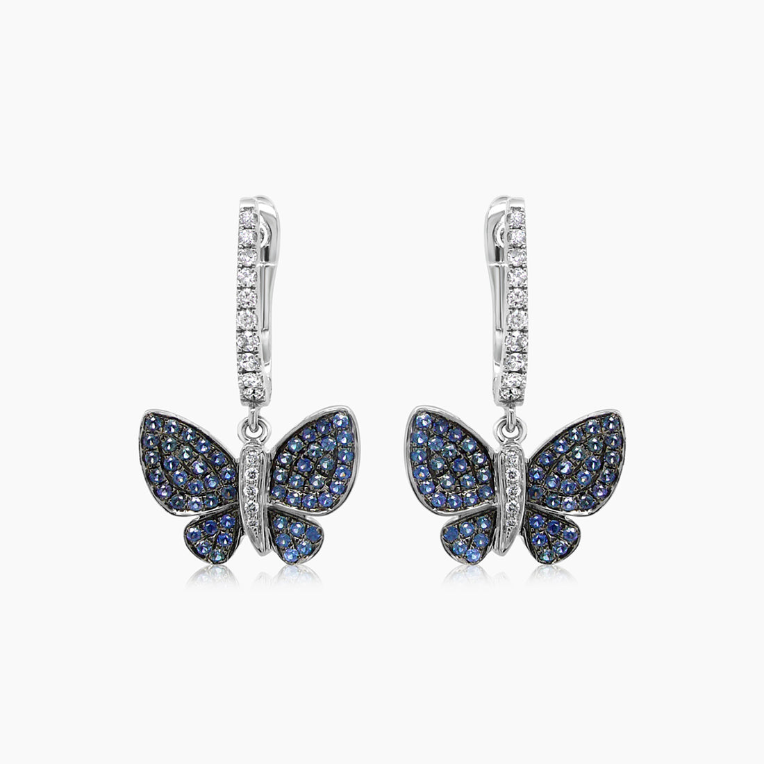 Blue Sapphire Pave & Diamonds Butterfly Sweet 18K White Gold Drop Earrings