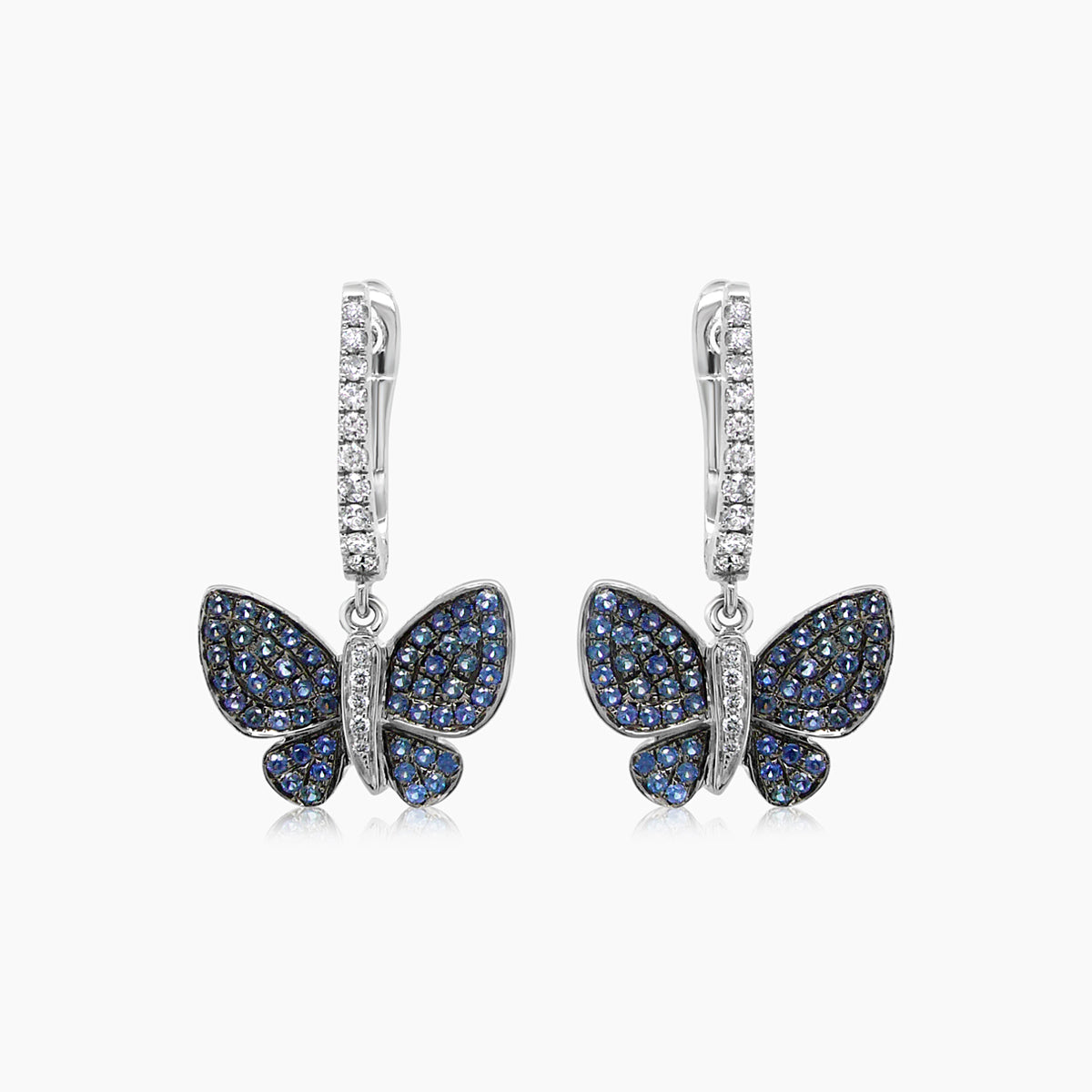 blue sapphire pave & diamonds butterfly sweet 18k white gold drop earrings