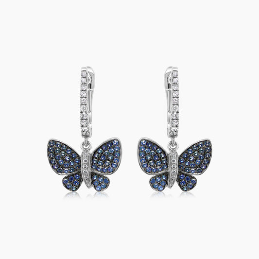 Blue Sapphire Pave & Diamonds Butterfly Sweet 18K White Gold Drop Earrings