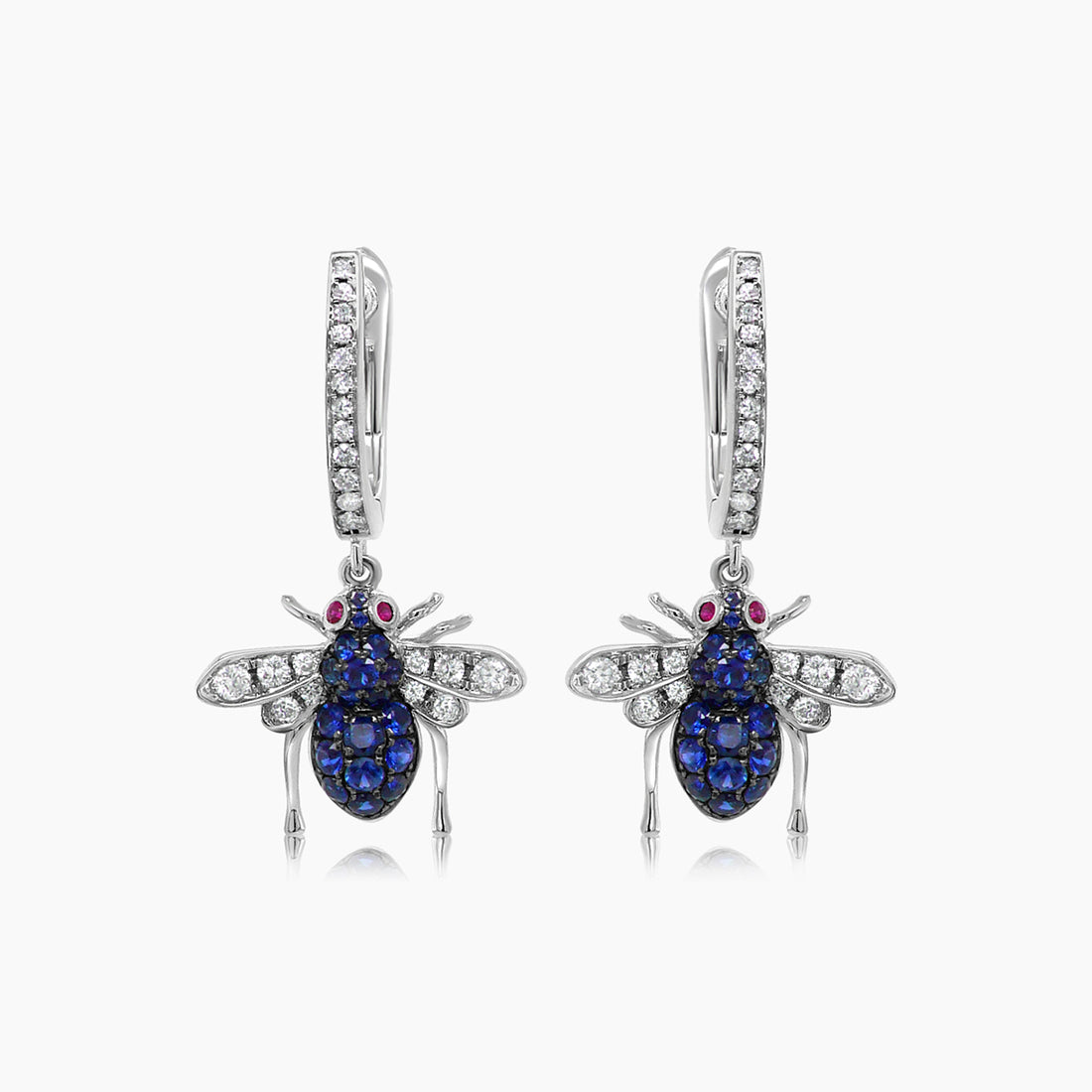 Blue Sapphire & White Diamond Pave Bee 18K White Gold Statement Animal Earrings