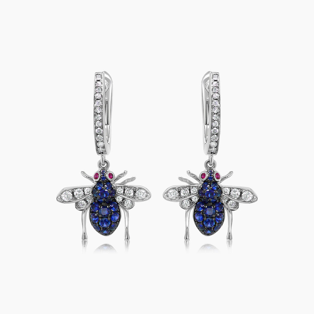Blue Sapphire & White Diamond Pave Bee 18K White Gold Statement Animal Earrings