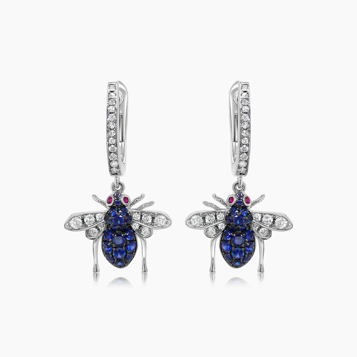 Blue Sapphire & White Diamond Pave Bee 18K White Gold Statement Animal Earrings