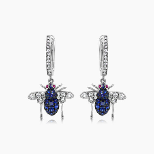 Blue Sapphire & White Diamond Pave Bee 18K White Gold Statement Animal Earrings