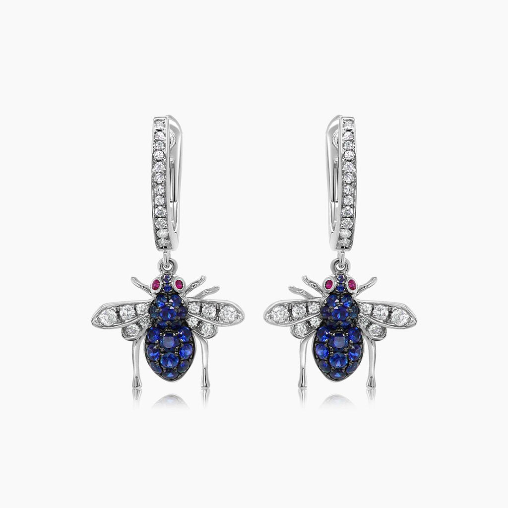 Blue Sapphire & White Diamond Pave Bee 18K White Gold Statement Animal Earrings