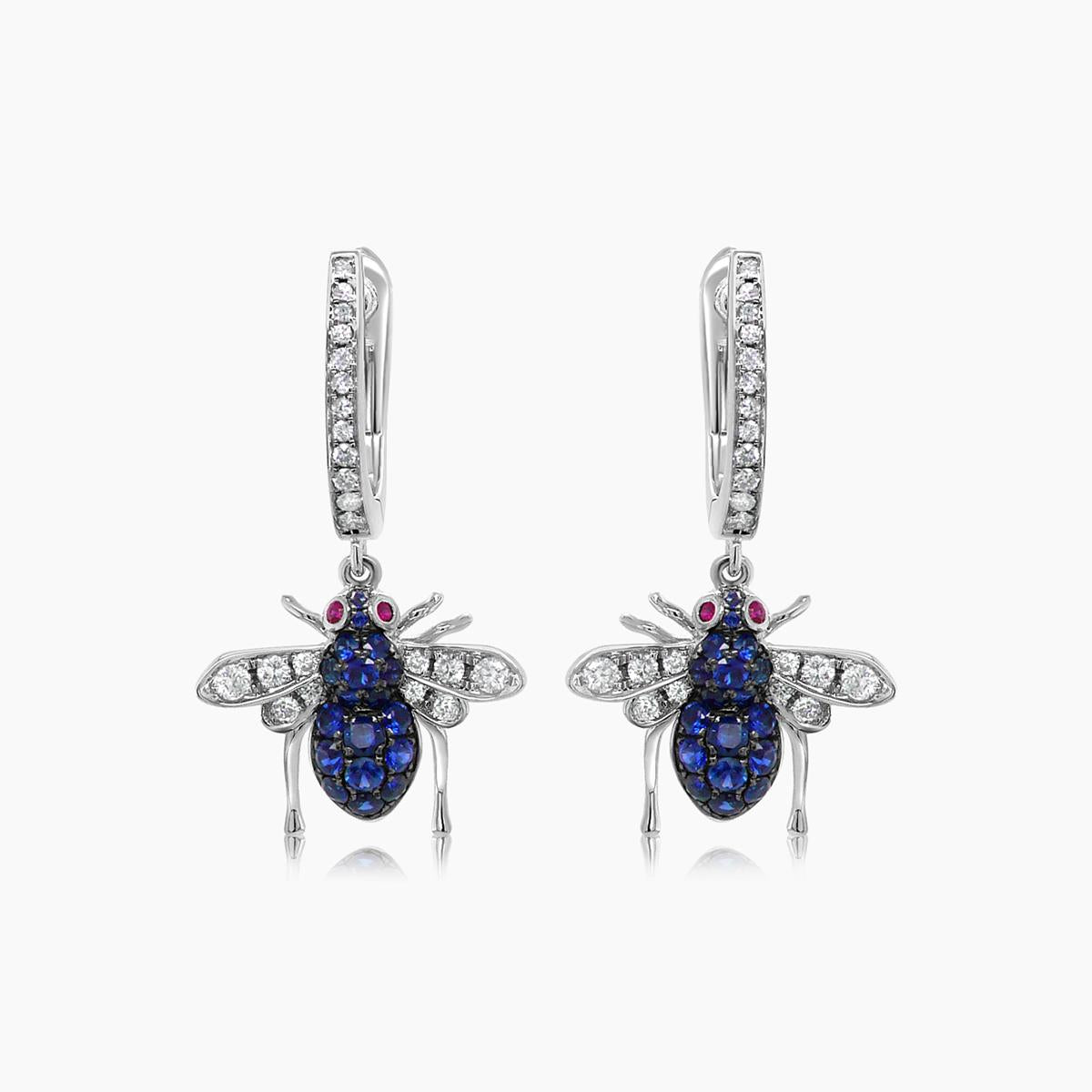 Blue Sapphire & White Diamond Pave Bee 18K White Gold Statement Animal Earrings