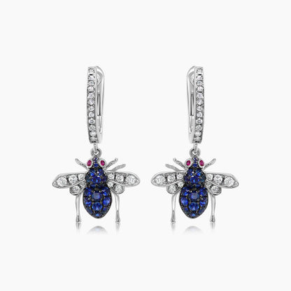 Blue Sapphire & White Diamond Pave Bee 18K White Gold Statement Animal Earrings