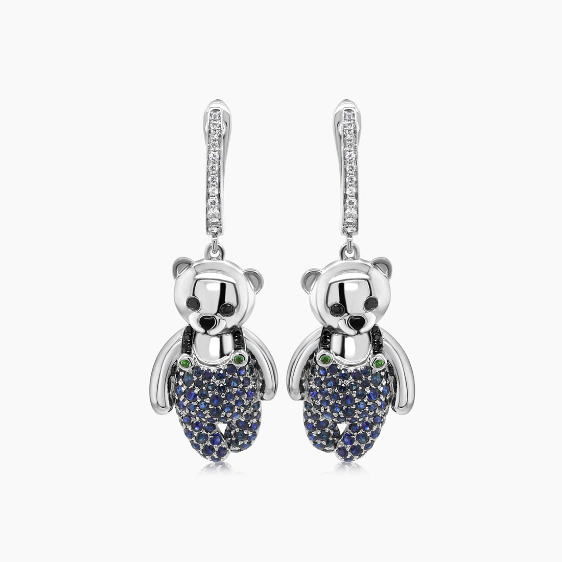 Blue Sapphire, Diamond & Onyx 18K White Gold Teddy Bear Earrings