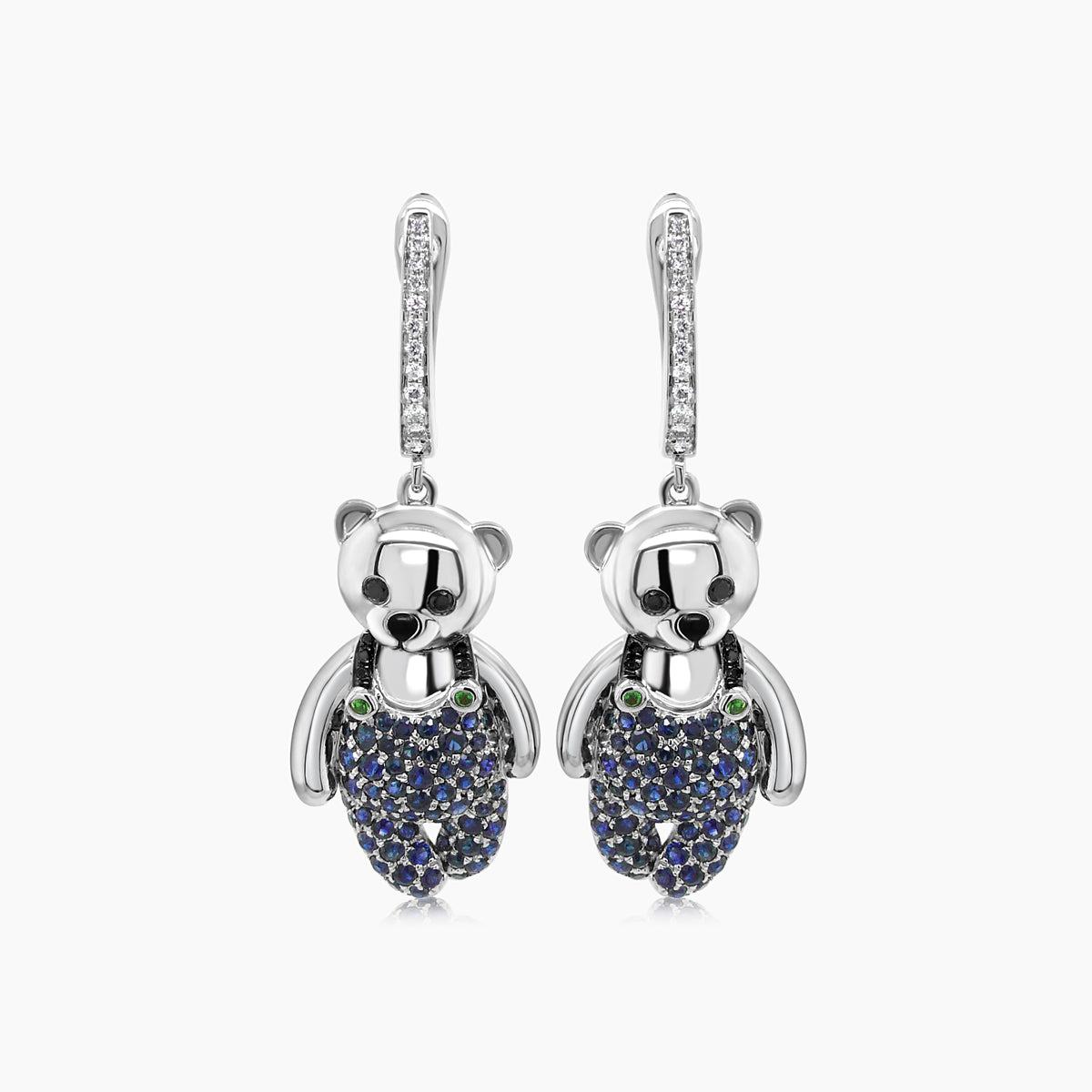 blue sapphire, diamond & onyx 18k white gold teddy bear earrings