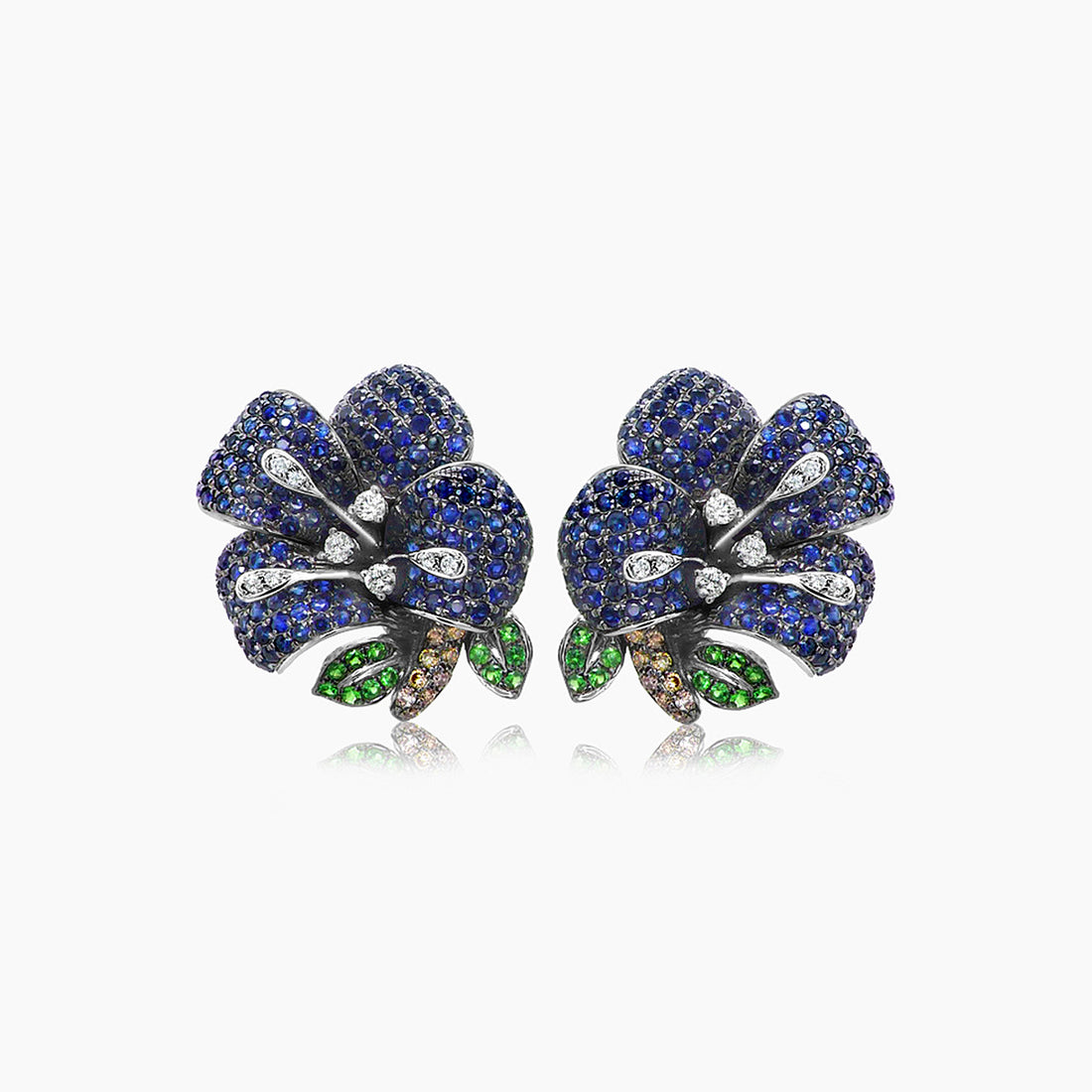 Blue Sapphire & White Diamond & Green Garnet Lilly Flower White Gold Earrings