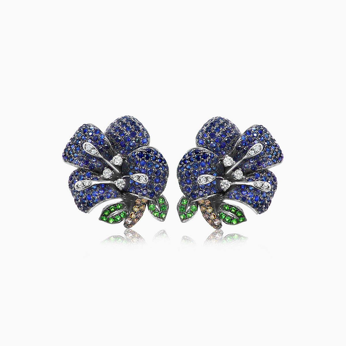 blue sapphire & white diamond & green garnet lilly flower white gold earrings