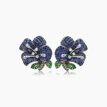 Blue Sapphire & White Diamond & Green Garnet Lilly Flower White Gold Earrings