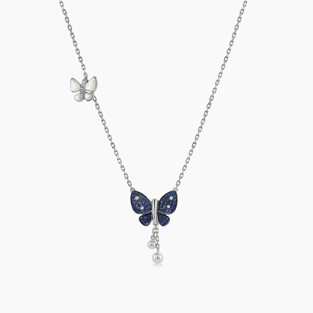 Blue Sapphire & Pearl & Diamonds Butterfly Sweet 18K White Gold Pendant Necklace