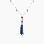 Blue Sapphire, Pink Sapphire, Emerald, Ruby & Pearl 18K White Gold Bead Necklace
