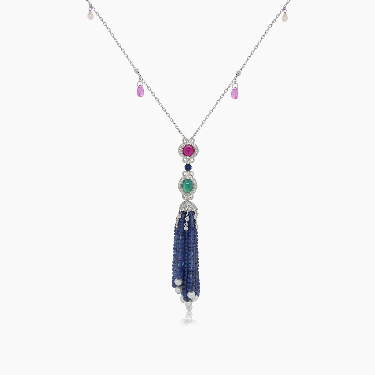 blue sapphire, pink sapphire, emerald, ruby & pearl 18k white gold bead necklace