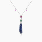Blue Sapphire, Pink Sapphire, Emerald, Ruby & Pearl 18K White Gold Bead Necklace