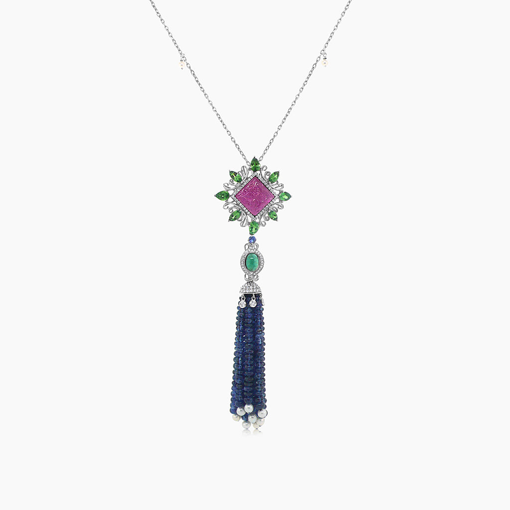 Blue Sapphire & Emerald & Ruby & Pearl & Diamond 18K White Gold Bead Necklace