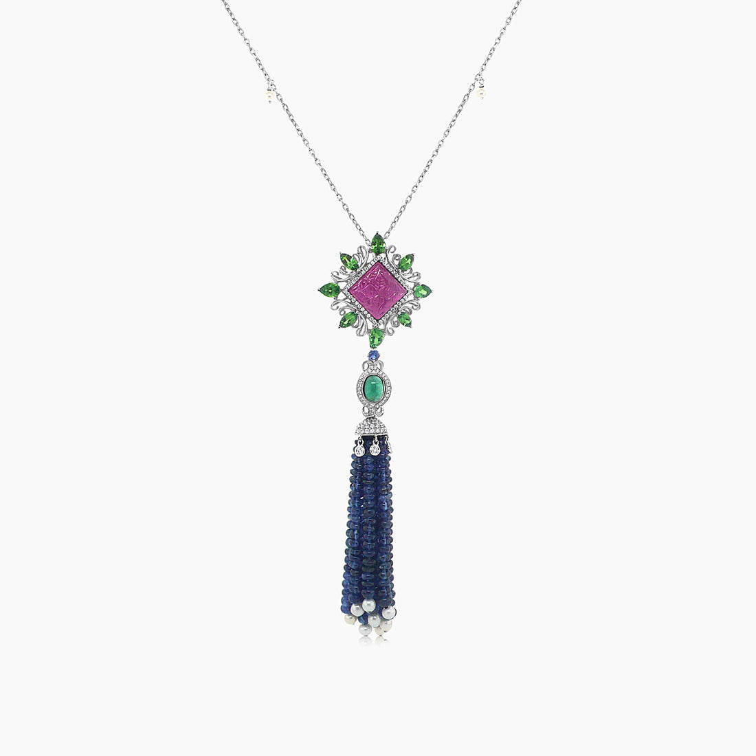 Blue Sapphire &amp; Emerald &amp; Ruby &amp; Pearl &amp; Diamond 18K White Gold Bead Necklace