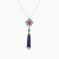 Blue Sapphire & Emerald & Ruby & Pearl & Diamond 18K White Gold Bead Necklace