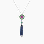 Blue Sapphire & Emerald & Ruby & Pearl & Diamond 18K White Gold Bead Necklace