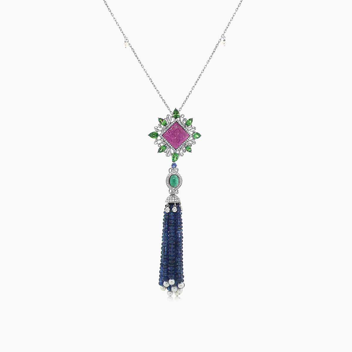 Blue Sapphire & Emerald & Ruby & Pearl & Diamond 18K White Gold Bead Necklace