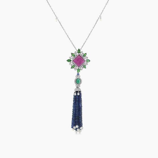 Blue Sapphire & Emerald & Ruby & Pearl & Diamond 18K White Gold Bead Necklace