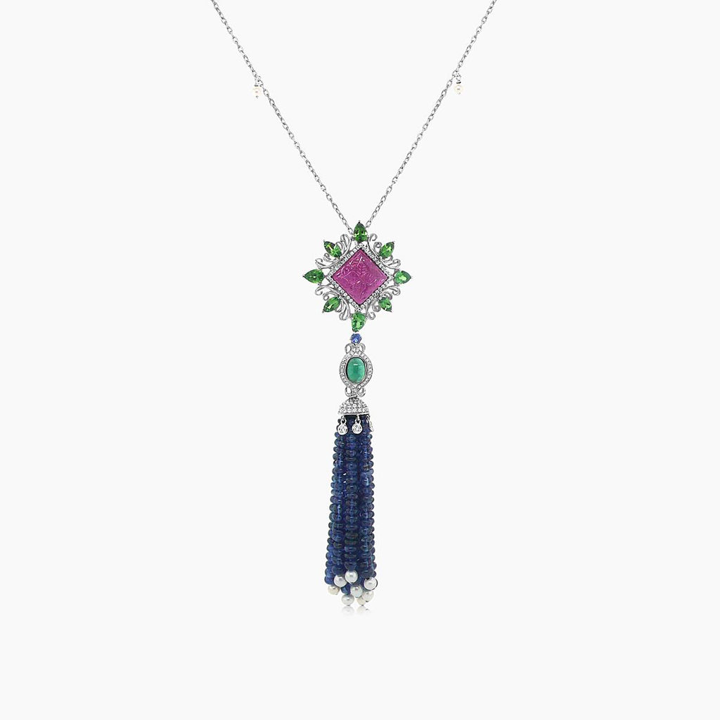 Blue Sapphire & Emerald & Ruby & Pearl & Diamond 18K White Gold Bead Necklace
