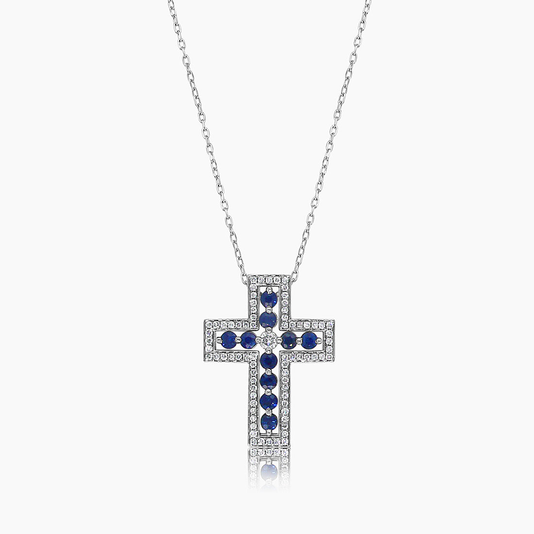 Blue Sapphire White Diamond 18K White Gold Cross Pendant Necklace