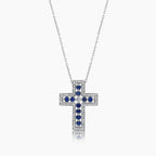 Blue Sapphire White Diamond 18K White Gold Cross Pendant Necklace