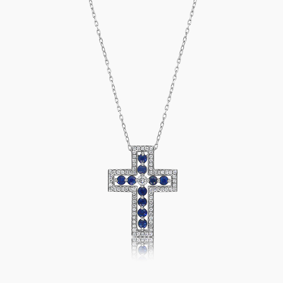 Blue Sapphire White Diamond 18K White Gold Cross Pendant Necklace