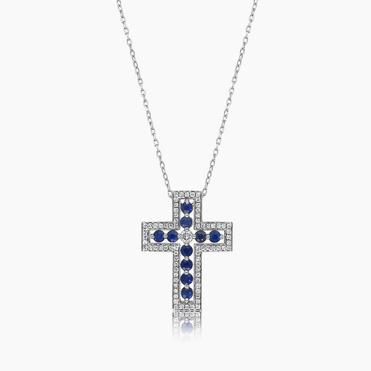 Blue Sapphire White Diamond 18K White Gold Cross Pendant Necklace