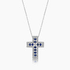 Blue Sapphire White Diamond 18K White Gold Cross Pendant Necklace
