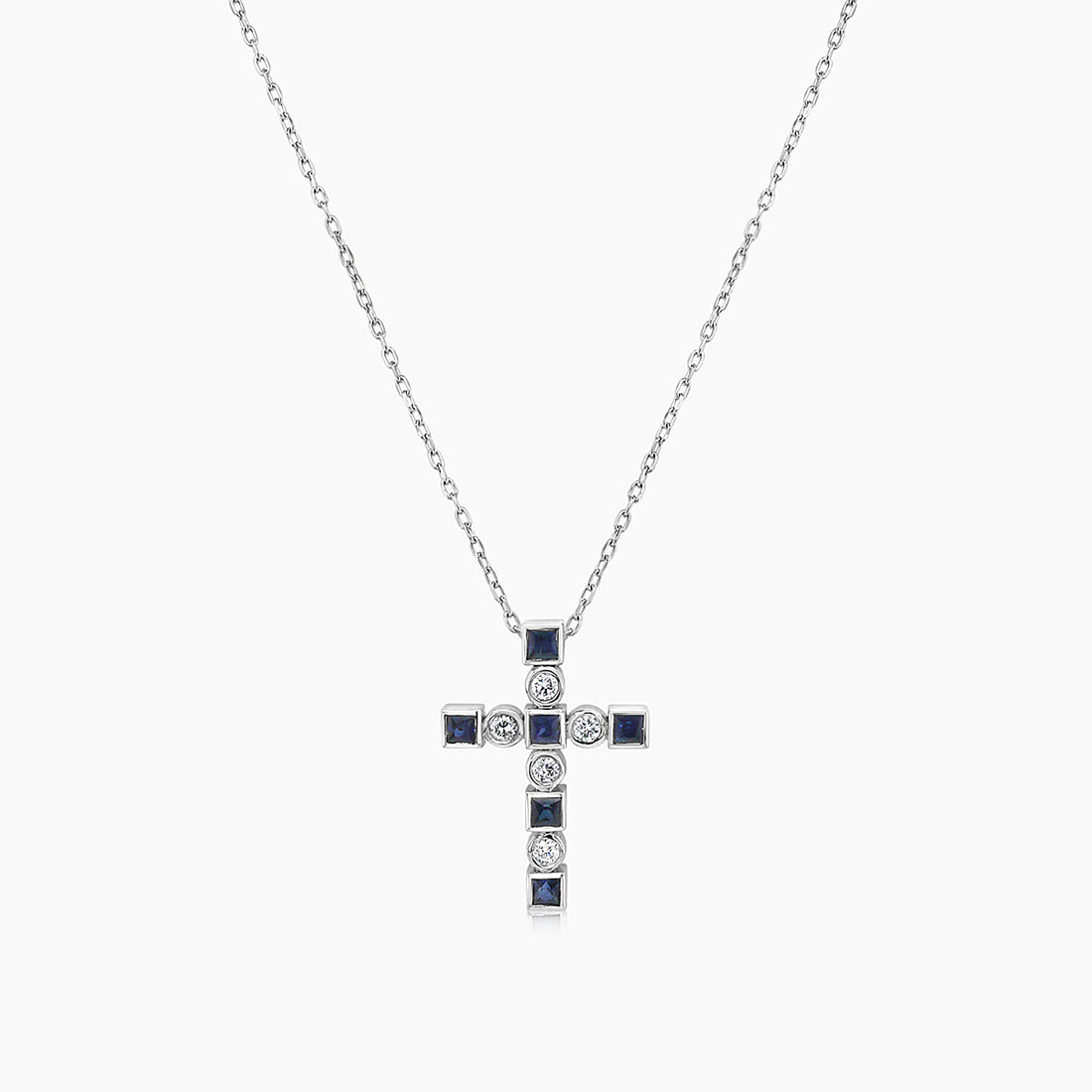 Blue Sapphire White Diamond 18K White Gold Cross Pendant Necklace