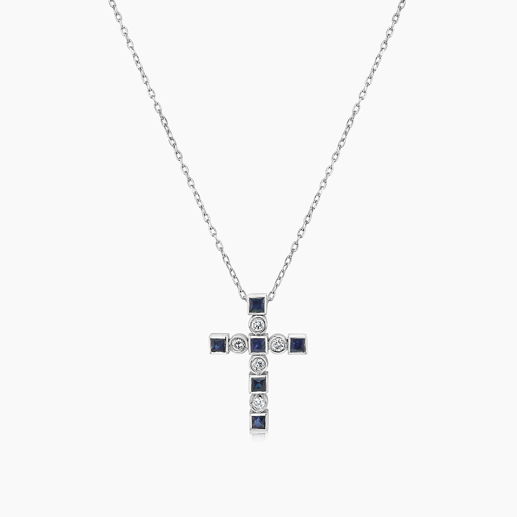 Blue Sapphire White Diamond 18K White Gold Cross Pendant Necklace