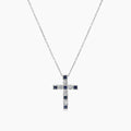Blue Sapphire White Diamond 18K White Gold Cross Pendant Necklace