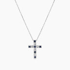 Blue Sapphire White Diamond 18K White Gold Cross Pendant Necklace