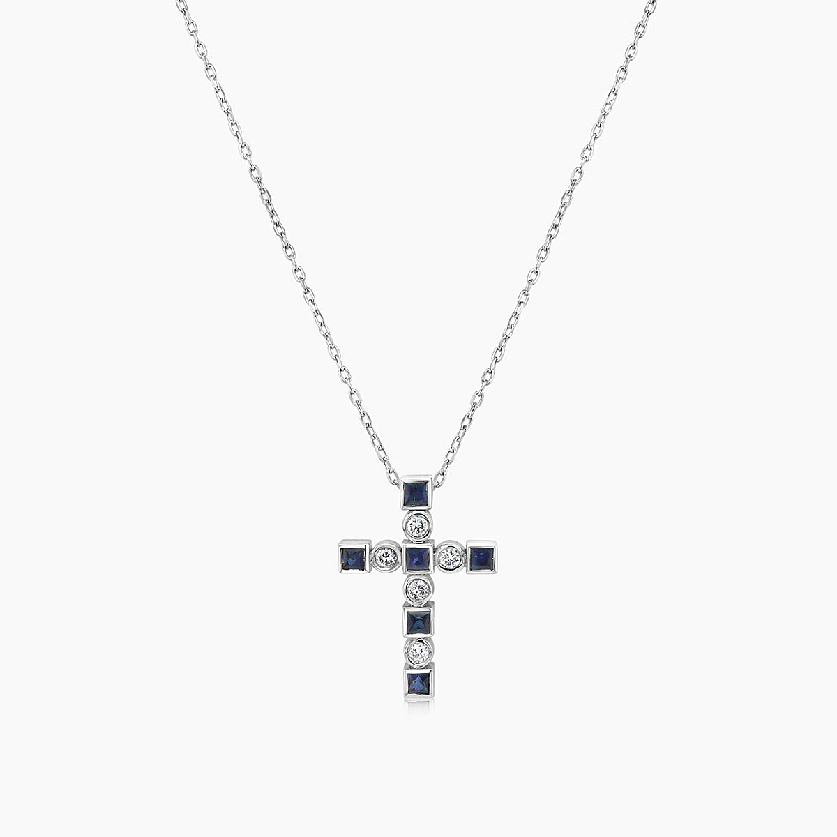 blue sapphire white diamond 18k white gold cross pendant necklace