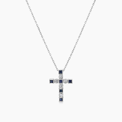Blue Sapphire White Diamond 18K White Gold Cross Pendant Necklace