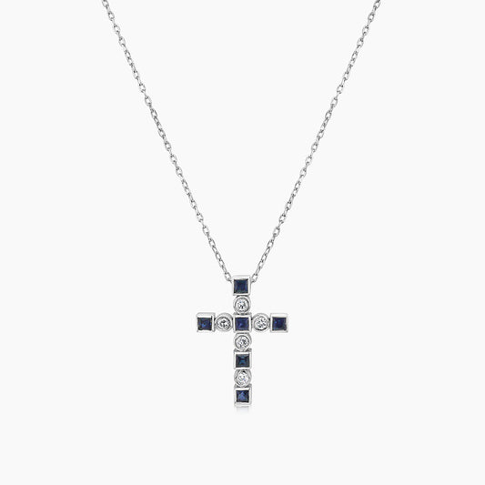 Blue Sapphire White Diamond 18K White Gold Cross Pendant Necklace
