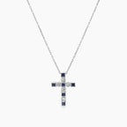 Blue Sapphire White Diamond 18K White Gold Cross Pendant Necklace